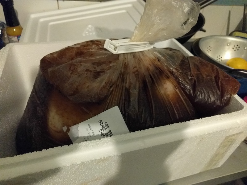 Bird bagged in brine before boxing