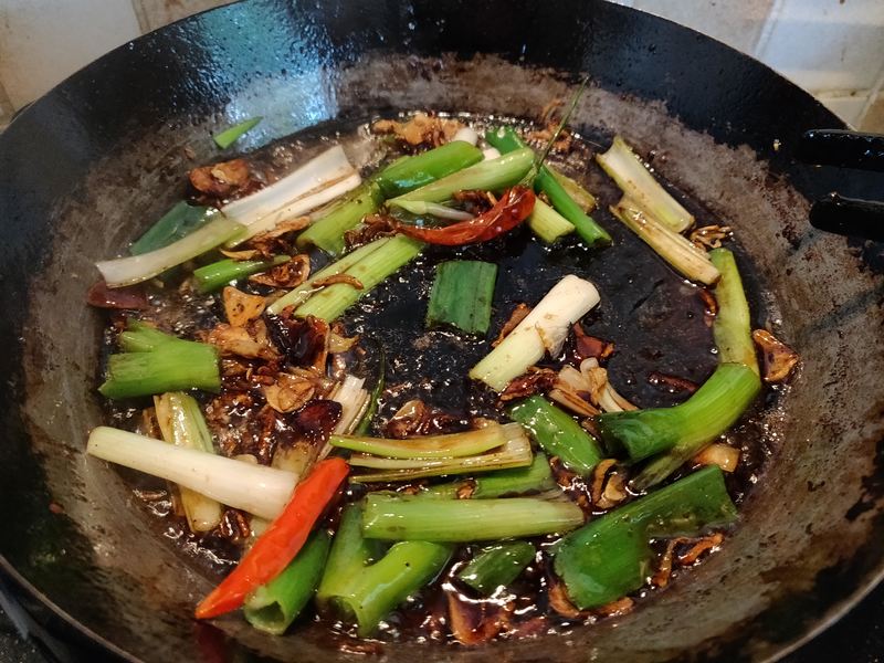 Garlic and ginger, with the spring onions