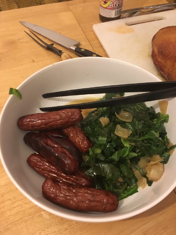 greens and sausages